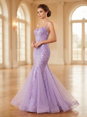 Lavender Sequin Mermaid Evening Dress with Tulle Skirt